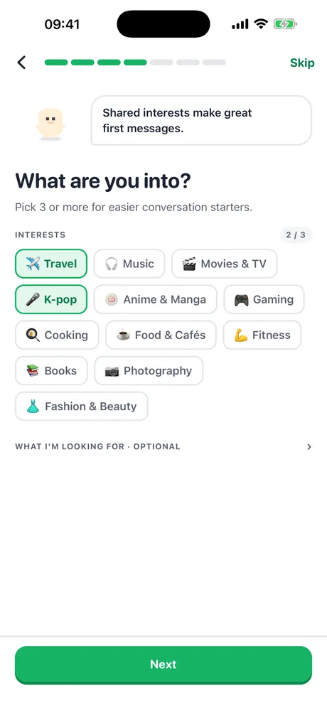 Choose interests to find partners